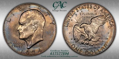 Eisenhower Dollar 1974 CACG MS63: Deep Blue-Gold Toning Obv. & Rev. - Image 1 of 4