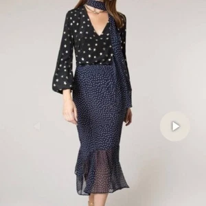 Falda midi de seda transparente a lunares azul marino Rixo London Leandra talla grande - Imagen 1 de 8
