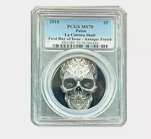 Palau, $5 Dia Muertos La Catrina Skull .999 Silver Coin. Perfect! PCGS MS/70 - Picture 1 of 4