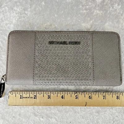 Michael Kors Gray Studded Zip Around Leather Continental Wallet - Image 1 of 4