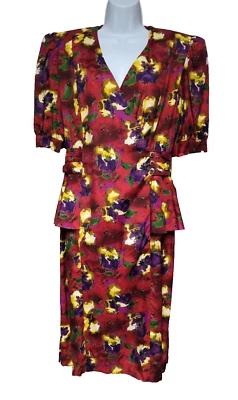 Vestido David Warren Vintage Años 80 Talla 14 Floral Manga Abullonada Cinturón Peplum Retro Foto 1 de 4