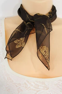 Women Fashion Dark Brown Small Neck Soft Scarf Fabric White Flower Pocket Square - Picture 1 of 12
