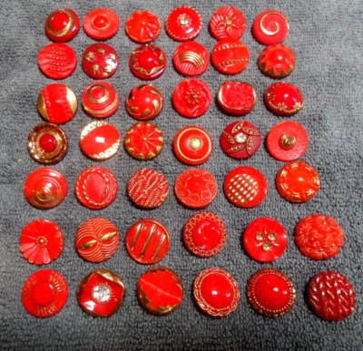 42 Vintage Antique Glass Buttons ORANGE/RED w/Gold Trim FANCY DESIGNS - Image 1 of 4