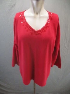 Quacker Factory Size L Womens Red 100% Cotton 3/4 Sleeve Sequined Sweater 860 - Picture 1 of 10