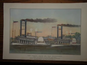 Vintage Currier & Ives Lithograph 1870 Print  The Great Race on the Mississippi - Picture 1 of 8