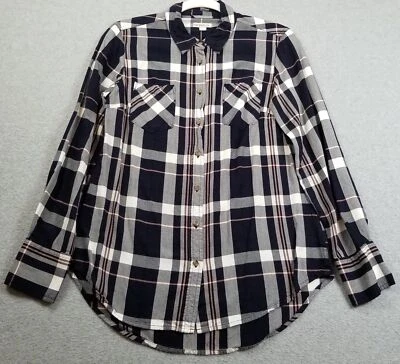 Merona Button Up Shirt Womens Medium M Blue Pink White Plaid Long Sleeve Pockets - Image 1 of 4