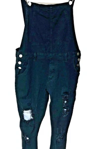 Shein Womens L Black Bib Overalls Destroyed Fray Distress Goth Grunge Jumpsuit - Picture 1 of 9