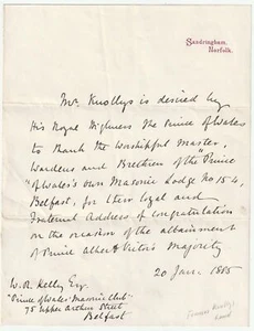 1885 SANDRINGHAM, Francis Knollys, P/Sekretär von P.O.Wales, an BELFAST Freimaurer - Bild 1 von 1