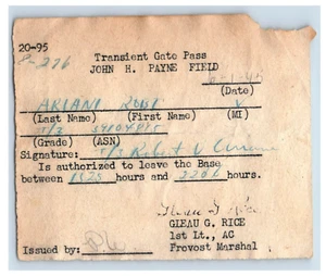1945 John H Payne Field Gate Pass El Cairo Egipto Ejército de Estados Unidos Rector Mariscal P61 - Imagen 1 de 2