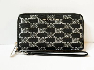 MICHAEL KOR JET SET ПУТЕШЕСТВИЙ БОЛЬШОЙ ПЛОСКИЙ ТЕЛЕФОН ЧЕХОЛ БУМАЖНИК MK БЛЕСТЯЩИЙ СЕРЕБРО ЧЕРНЫЙ - Изображение 1 из 4