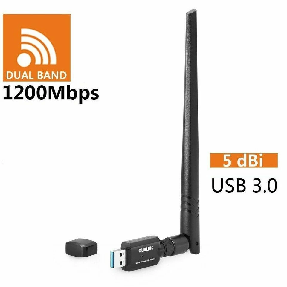 Dual Band 2.4/5Ghz 1200Mbps Wireless WiFi Network USB Adapter w/Antenna 802.11AC - Image 1 of 4
