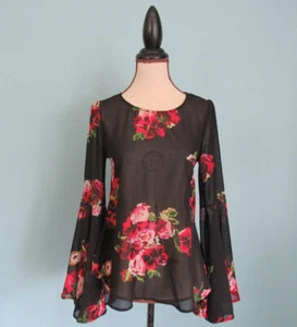 Talla: XS MIMI CHICA Blusa Floral Negra + Roja Manga Campana Túnica Transparente Top  - Imagen 1 de 10
