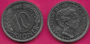 DENMARK 10 KRONER 1988 MARGRETH II,HEAD TIARA,MINT MARK AND INITIALS BELOW,Lette - Picture 1 of 1