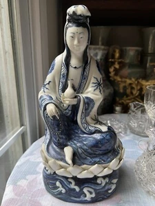 Vintage Blue And White Porcelain Quản Yin Buddha Statue 12” Tall - Picture 1 of 9