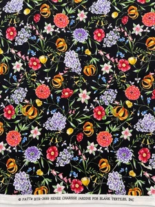 Renee Charisse Jardine for Blank Textiles Bright Floral Black Background 2 yds - Picture 1 of 1