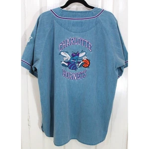 Charlotte Hornets 90s STARTER Baseball jersey DENIM Acid Wash L blue NBA vintage - Picture 1 of 8