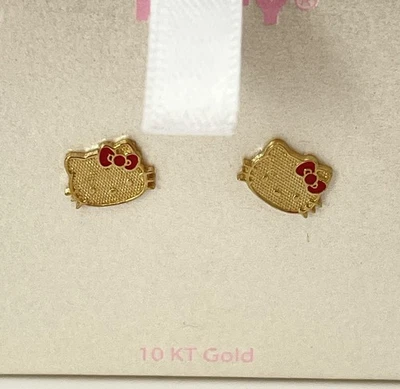 Brincos de ouro 10k com laço de esmalte vermelho Hello Kitty - Imagem 1 de 4