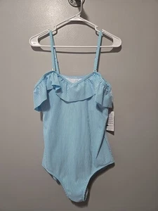 Lands' End Damen blau weiß Rüschen Seersucker Einteiler Badeanzug Größe 12 neu mit Etikett - Bild 1 von 8