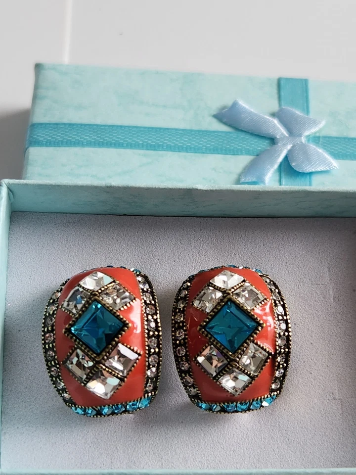 Heidi Daus Art Deco Master Pierced Clasp 1/2 Hoop Earrings Swarovski And Enamel - Image 1 of 4