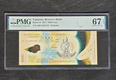 Vanuatu 5000 Vatu 2017 P 19 AB Prefix Polymer Superb Gem UNC PMG 67 EPQ - Image 1 of 2