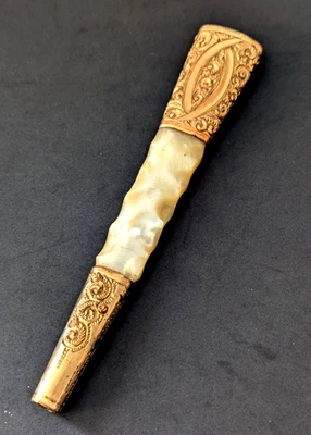 Victorian Gold Filled Umbrella Parasol Handle With Carved Mother Of Pearl 7.5” - Image 1 of 4