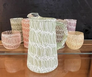 Brocca e set bicchieri vintage MCM spaghetti vetro pastello barware - Foto 1 di 14