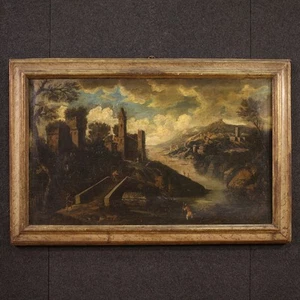 Dipinto antico quadro italiano olio tela paesaggio architetture XVIII secolo - Foto 1 di 12