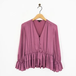 Blusa Massimo Dutti Púrpura Rosa Volantes Satén Talla 10 38 Manga Larga - Imagen 1 de 21