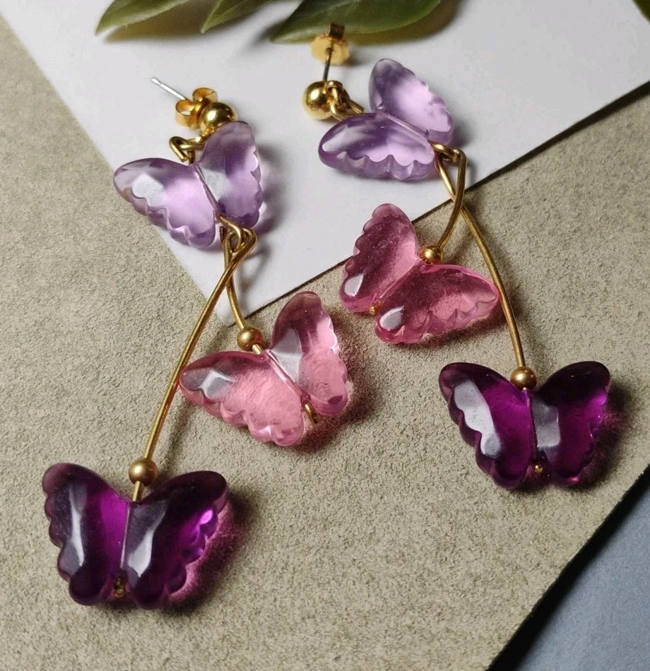 Pendientes AVON 1993 Mariposa Deslumbrante Tono Dorado 2.5" Púrpura/Rosa Acrílico! Foto 1 de 4