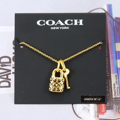 NWT Coach Signature Padlock Black Enamel Necklace Gold Tone - Image 1 of 4