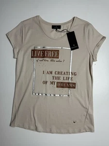 Monari, T-Shirt, Größe 38, Mokkafarben, Strass, Glitzernd, Print,Neu mit Etikett - Bild 1 von 10