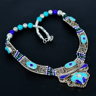 Collana tibetana turchese lapislazzuli fatta a mano boho argento sterling... - Immagine 1 di 4