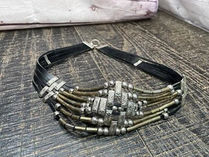 Vintage SOUTHWEST BLACK LEATHER Silver Tone BEADED BELT 30 Inches - Picture 1 of 6