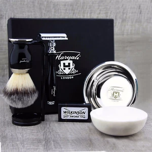 Classic 5 Pieces Men Shaving Kit DE Safety Synthetic Silver Tip Badger Brush Set - Picture 1 of 9