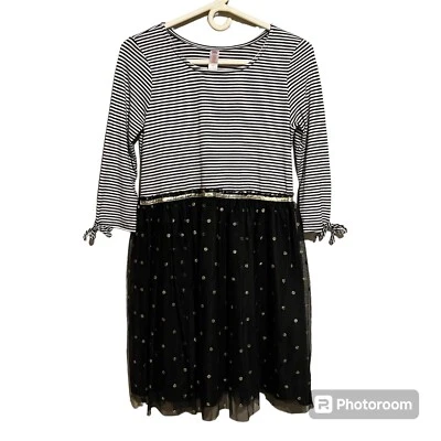 Vestido Justice Niñas Talla 18 Negro Blanco Rayas Tul Dorado Lunares Rocker Chic Foto 1 de 4