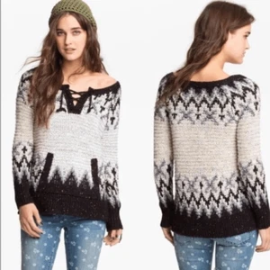 Free People Love Bug Lace Up Womens Size Small Nordic Fair Isle Wool Bl Sweater - Picture 1 of 9