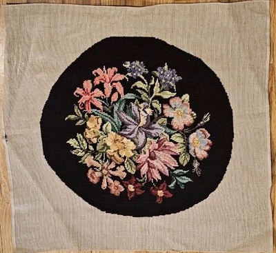 Vtg Wool Floral Needlepoint Panel Chair Seat Pillow Cover 18" Round Burgundy  - Image 1 of 4