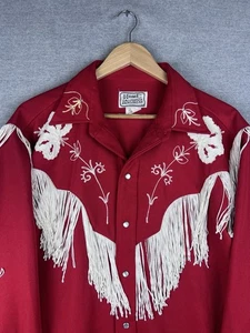 Vintage H BAR C pearl snap embroidered fringe western red shirt mens fits L-XL - Picture 1 of 6