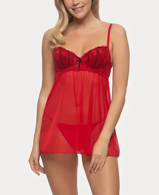 Babydoll de malla y encaje Jezebel para mujer + conjunto de ropa interior - rojo tango - M Foto 1 de 3