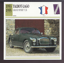 1953 1954 1955 Talbot-Lago Grand Sport T26 Car Photo Spec Sheet Info ATLAS CARD