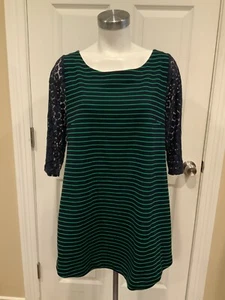 Postmark Navy Blue & Green Striped Shift Dress W/ Lace Sleeves, Size L - Picture 1 of 8