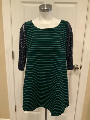 Vestido recto a rayas azul marino y verde matasellos con mangas de encaje, talla L Foto 1 de 4