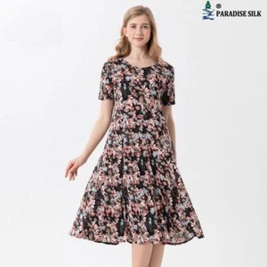 Elegant Silk Midi Dress Women's Digital Print Loose Fitting Round Neck Dress - Picture 1 of 10