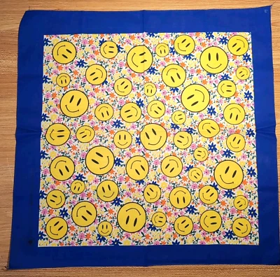 Vintage NOS Handkerchief Bandana 21" USA Dark Blue Smiley Face Floral Hippie C34 - Image 1 of 4