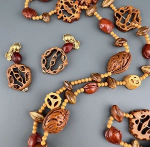 Vintage Necklace Earrings Set Walnut Tree Carved Seed Bead Nut Wood Brown 41" - Picture 1 of 22