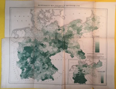 1880s Density of Forests in Germany ORIGINAL VINTAGE MAP - 20 x 15.5  C24-4 - Image 1 of 3