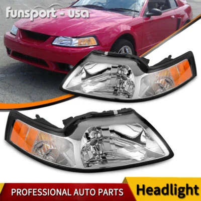 Chrome Housing Amber Corner Headlights For 1999-2004 Ford Mustang Headlamps Pair - Image 1 of 4