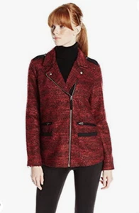 Lucky Brand lässige lange Motorradjacke Damen Größe Small rot durchgehender Reißverschluss Langarm - Bild 1 von 12