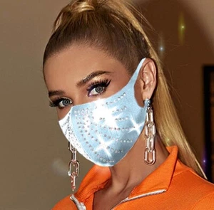 Light Blue Fan BLING FACE MASK Diamond Crystal Rhinestone (SHIPS FROM USA) - Picture 1 of 1