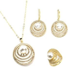 Gold Plated with Pearl & Cubic Zirconia Necklace and Earrings Jewelry Set - Picture 1 of 3